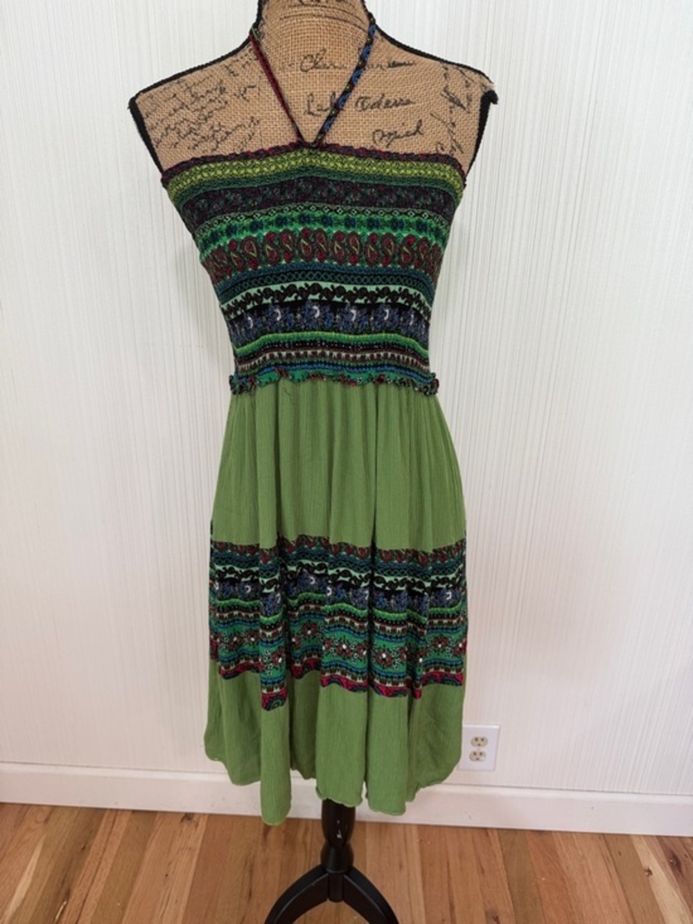 Bohemian Green Halter Midi Dress/ skirt with Multicolor Embroidered Yoke